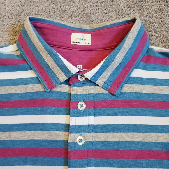 Johnnie O Shirt Mens Medium Blue Purple Polo Golf Beach Striped Surf Hangin Out - Picture 3 of 11